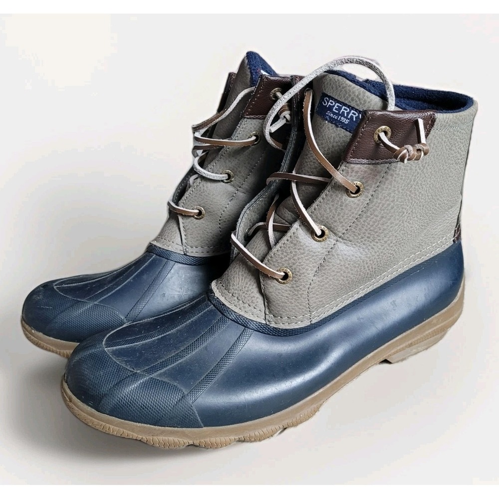 Sperry Saltwater Duck Boots Women 10 Navy Grey STS80525 Waterproof Rain Winter